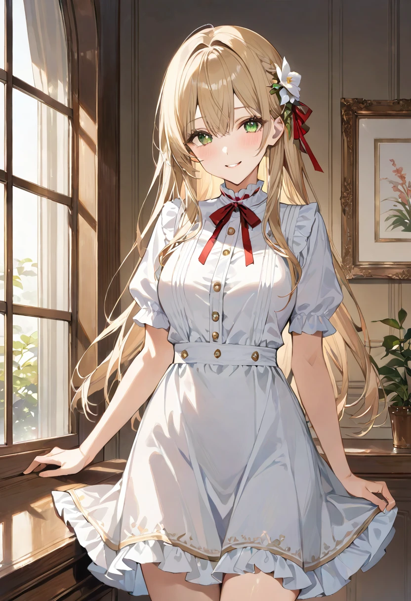 masterpiece, best quality, ultra detailed, sparkling eyes, The image depicts an anime-style girl standing indoors with a gentle and slightly playful smile. She has long, flowing blonde hair that cascades down her back and is adorned with a white flower and green leaves on the side. Her large green eyes are expressive and add to her kind appearance. She is wearing a white dress with short sleeves that have ruffled edges. The dress features a red ribbon tied at the collar, gold buttons down the front, a fitted waist, and a skirt that flares out slightly with delicate gold trim at the hem. The setting appears cozy and warmly lit by natural light coming through a window on the left side. The window has a wooden frame and a small potted plant sits on the windowsill. A wooden table is also visible, and on it stands a glass filled with a light-colored drink, possibly juice or wine. The overall ambiance of the room is inviting, with warm tones and a homey feel, complemented by additional background elements like a framed picture on the wall and a light switch nearby