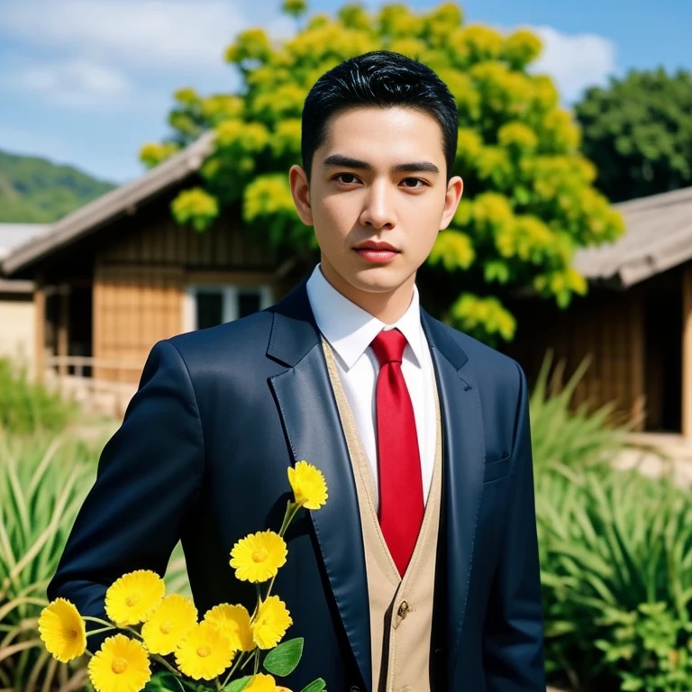 An Araf man stands on the beach with the sunset in the background.., portait photo Profile pictureture, Profile picture, Cleans the wide surface of the face.,  cute young man, headshot Profile pictureture, handsome man, Handsome and charming, Very charming and beautiful, Close-up of a Southeast Asian man with a round face.., black eyes, staring at the viewer, morning sun, ((face details)), Double eyelids, realistic, Masterpiece, Highest quality, lens flare, shade, [[Chromatic aberration, digital painting, 8K, 45,000,000,000 pixels,, t-shirt, short hair, black eyes,abdominal muscles, The body is beautiful and strong..,, (digital painting, HDR, high contrast