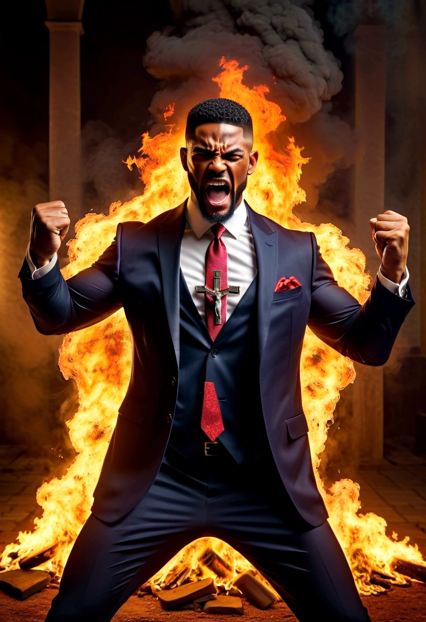 Create an image with a muscular maromba pastor in a suit tearing up with so much muscle the pastor has a face with an angry expression he is in a pose of exposure with a crucifix in his hand expelling demons with a background of fire the desperate devil full hd