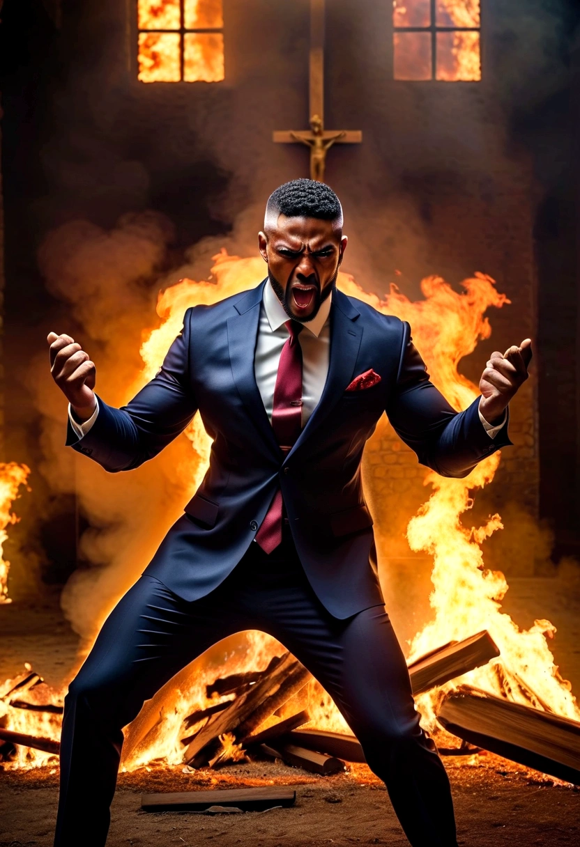 Create an image with a muscular maromba pastor in a suit tearing up with so much muscle the pastor has a face with an angry expression he is in a pose of exposure with a crucifix in his hand expelling demons with a background of fire the desperate devil full hd