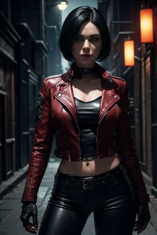 Selene from Underworld as a vampire mercenary with short black hair, pale skin, wearing red leather jacket and black tight pants, view from front, waist up shot, dynamic pose, ambient lighting, photo realism, intricate face detail, intricate hand details, highly detailed, vibrant colors, cinematic, high definition, trending on Artstation--style raw