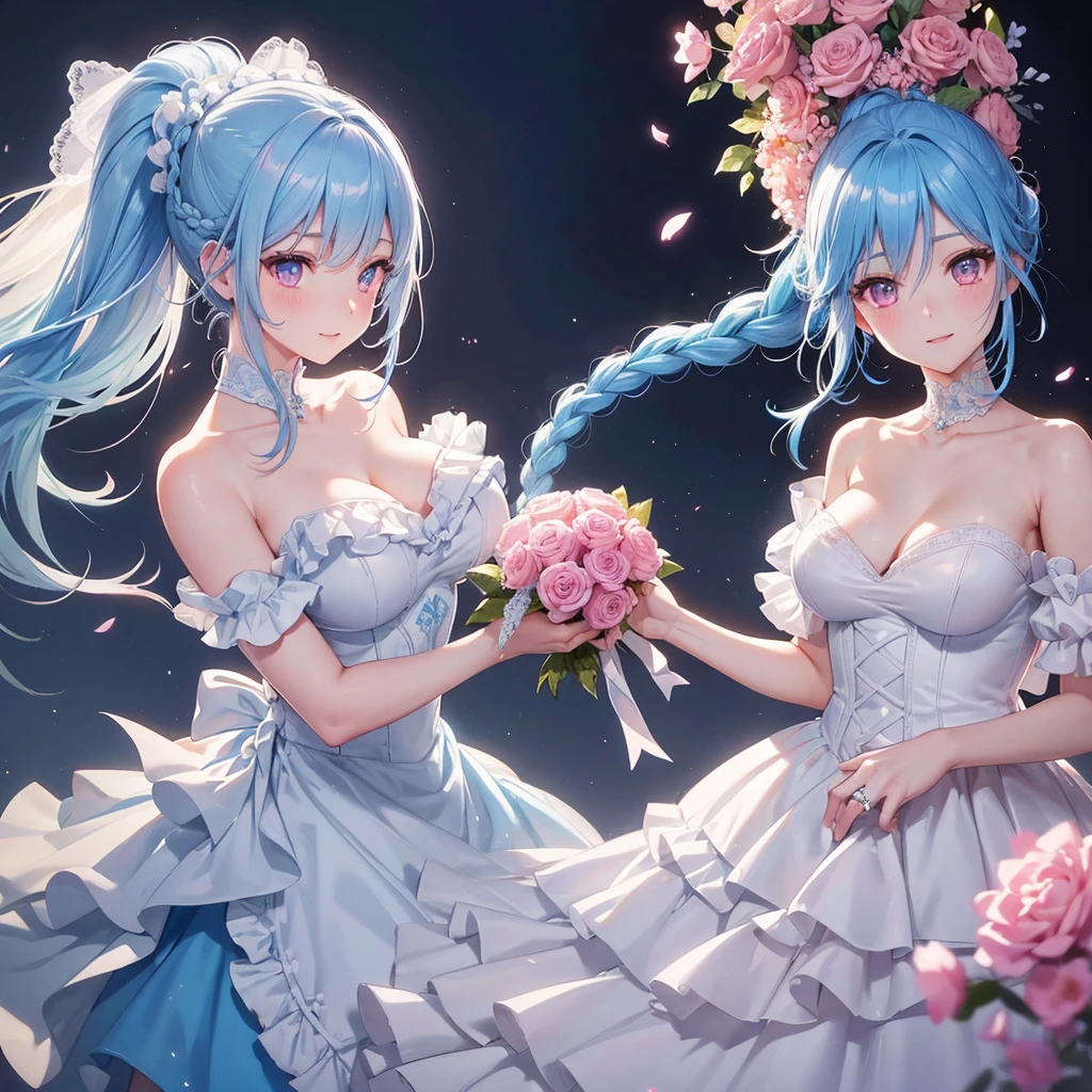 Sky blue hair, (Braided Ponytail),(Pink Eyes),Fair skin ,(whole body),(One girl),bride,A big smile,Straight bangs, 6月のbride,Wedding dress,(masterpiece, Highest quality, Very detailed, Best Shadow), (Detailed Background), (Beautifully detailed face), High Contrast, (Best lighting, Very delicate and beautiful), ((Cinematic Light)), colorful, Hyper Detail, Dramatic Light, Intricate details,Chapel background,A bouquet of roses in the right hand,Ring on left ring finger,