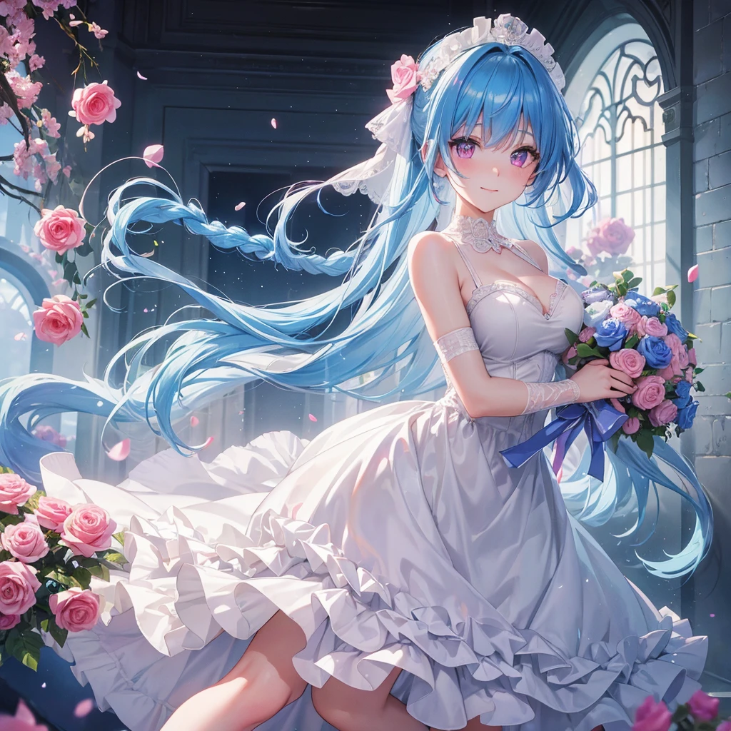 Sky blue hair, (Braided Ponytail),(Pink Eyes),Fair skin ,(whole body),(One girl),bride,A big smile,Straight bangs, 6月のbride,Wedding dress,(masterpiece, Highest quality, Very detailed, Best Shadow), (Detailed Background), (Beautifully detailed face), High Contrast, (Best lighting, Very delicate and beautiful), ((Cinematic Light)), colorful, Hyper Detail, Dramatic Light, Intricate details,Chapel background,A bouquet of roses in the right hand,Ring on left ring finger,