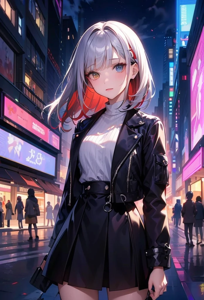 1girl, long hair, red left eye, grey right eye, straight silver hair, strictly straight bangs, hime hairstyle, blunt bangs, long straight hair cut,((( red back lighting))), heterochromia eyes, streetwear, crop top, city, Europe, water, neon, lights, glow, colourful, night, starry sky, sci fi, absurdres, high res, ultrasharp, 8k, masterpiece