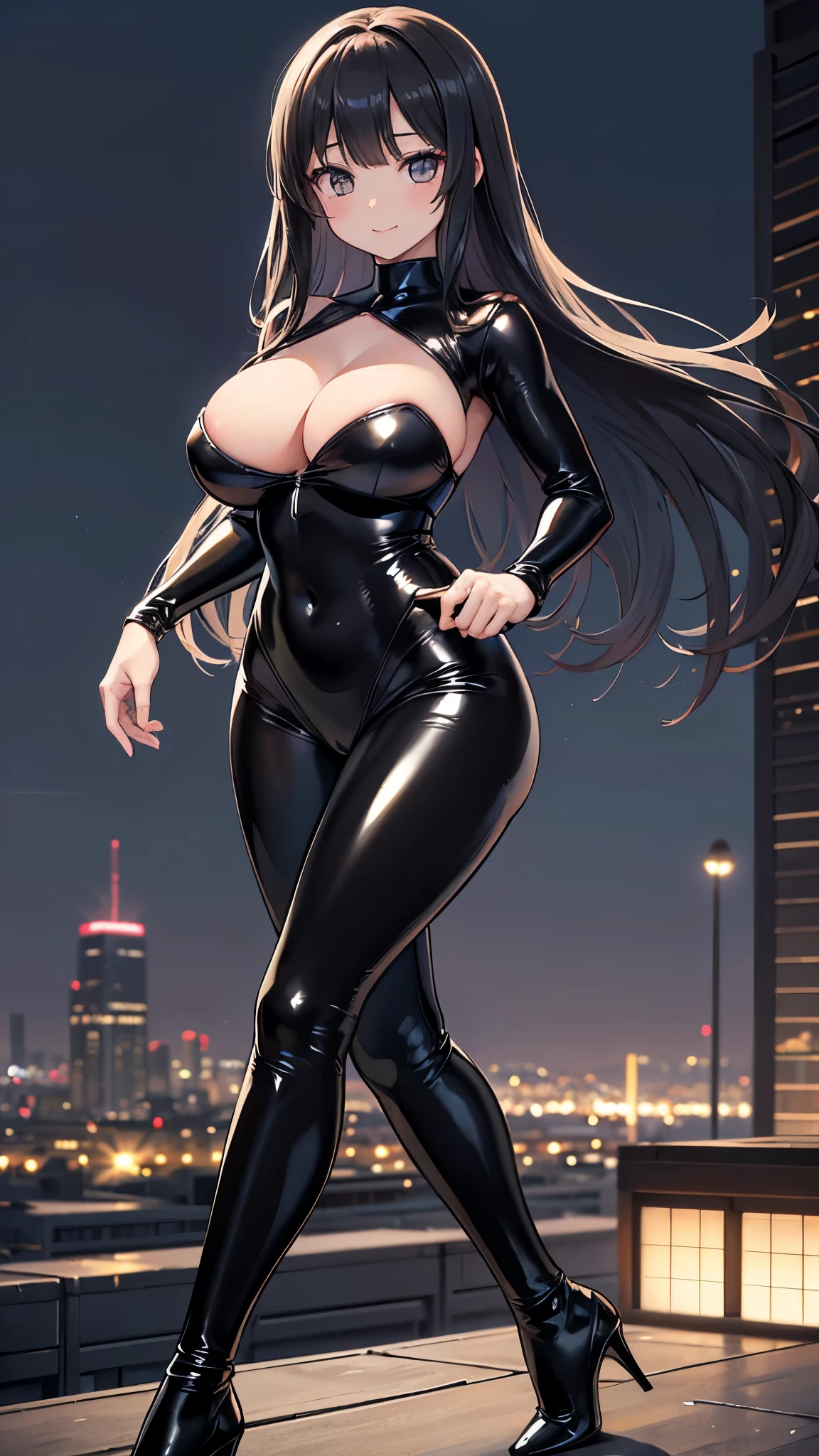masterpiece:1.3, Highest quality, Ultra-high resolution, Very detailed), (Realistic:1.1, photoRealistic:1.4), Beautiful illustrations, Perfect lighting,Written boundary depth, Beautiful detailsまでこだわった髪, Beautifully detailed face, Beautiful details, Beautiful clavicle, Beautiful body, Beautiful and juicy breasts, Beautiful thighs, Beautiful feet, View your viewers, 1 Girl,Perfect Face, (Perfect Anatomy, Anatomically correct), Cute and symmetrical face、、((Shiny Hair)),(Beautiful night view),(Rooftop, Blurred night cityscape),(かわいいsmile, smile)、Sexy Body、(masterpiece),(Highest quality:1.3),8K,Very clear,(Ultra-realistic), One Girl,Wide Shot,((Large Breasts)),Wide Hips,Beautiful feet, Captivating woman、(masterpiece、Highest quality、Very detailedな)、((1 Girl))、((Long black hair down to the waist))、black eye、((とてもLarge Breasts))、((((Black rubber latex suit))))、((Stiletto heels))、((View from below))、(((Rooftopでしゃがんでいる)))、Cowboy Shot、