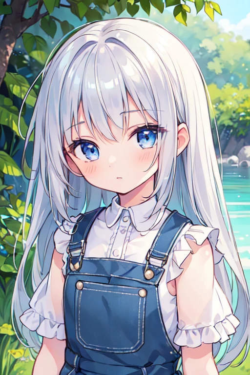 (best quality, masterpiece:1.2), ultra detailed, extremely detailed eyes and face, natural skin texture, detailed skin, natural lighting,
chibi, 1 girl, 12-years-old, (cute),
silver hair, middle hair, straight hair, shiny hair,
blue eyes,
flat chest,
overalls,
upper body,
