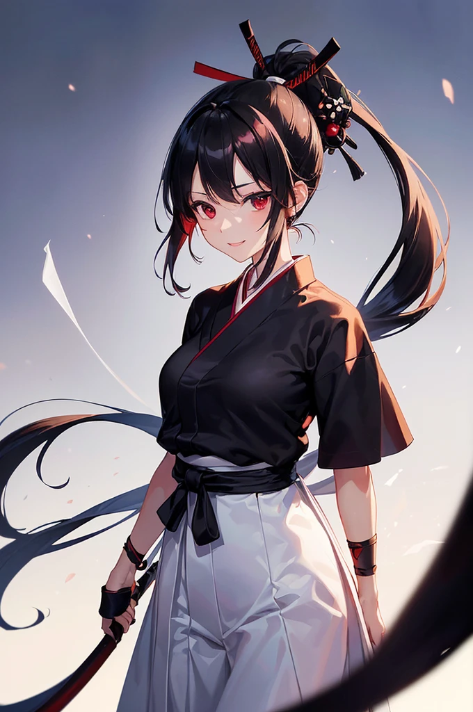 (masterpiece; best quality: 1.2), (finely detailed eyes: 1.3), ((25 year old woman)), ((solo)), (red eyes: 1.4), (body; lithe, slender, femenine: 1.3), (black hair in ponytail: 1.3), (beautiful and clear background: 1.2), ((depth of field)), (clothes: ronin attire + white kosode + black hakama + black sash: 1.3), (anime illustration: 1.2), (background composition; kendo dojo + night time: 1.1), (extremely fine and beautiful: 1.1), (shot composition; standing + centered on torso + close-up: 1.5), (expression; calm, smile: 1.2)