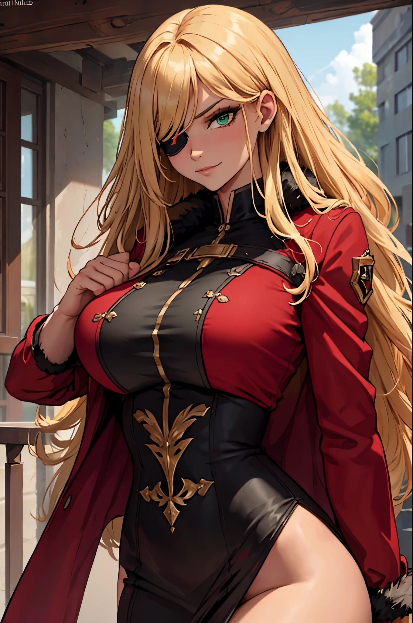 ((masterpiece)), ((best quality)), 1girl, adult, long hair, ((blonde hair)), very long blonde hair, ((intimidant look)), ((close-up)), profile image, green eyes, black and red clothes, sexy, dark colors, brillant eyes, ((coat with fur)), ((wavy hair)), exposed skin, ((sexy pose)), ((intimidant look)), good anatomy, ((dark sage clothes)), ((straight cut bangs)), emotionless, intimidant, ((beautiful eyes)), close up, ((detailed eyes)), beautiful eyes, ((detailed face)), hair bang, frontal look, evil, relaxed, smile, magical goddess othinus, detailed face, eyepatch, full body, ((detailed))