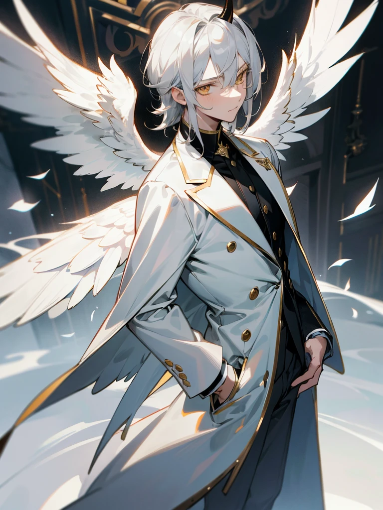 1boy, medium silver hair, golden eyes, wearing white suit, black long coat,5 pairs balck angelic wings, 5 pairs black horn, historical city, historic mension, high res, ultrasharp, 8K, masterpiece, looking at viewer