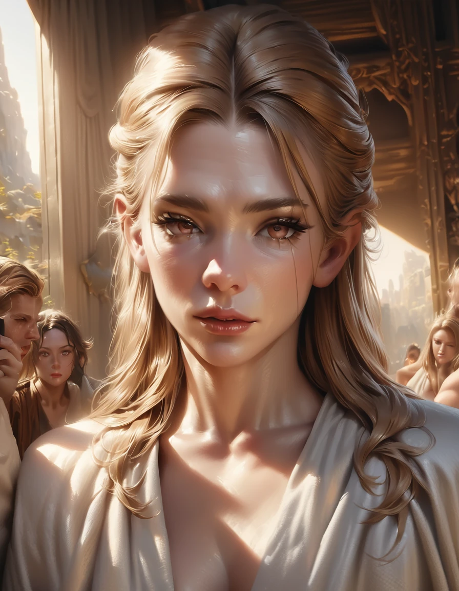 A beautiful half-elf girl, from a noble family, wearing a soft robe, holding a golden bow, (best quality,4k,8k,highres,masterpiece:1.2),ultra-detailed,(realistic,photorealistic,photo-realistic:1.37),extremely detailed eyes and face, beautiful detailed lips, long eyelashes, elegant noble posture, natural lighting, warm color tone, fantasy landscape background, intricate details, cinematic composition, dramatic lighting