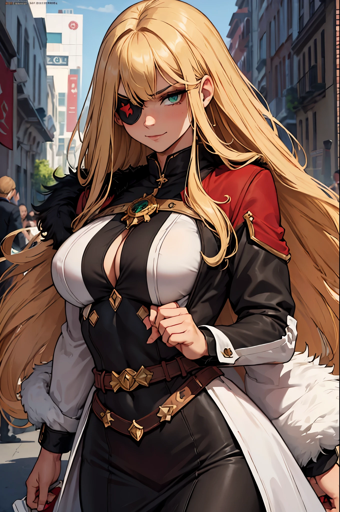 ((masterpiece)), ((best quality)), 1girl, adult, long hair, ((blonde hair)), very long blonde hair, ((intimidant look)), ((close-up)), profile image, green eyes, black and red clothes, sexy, dark colors, brillant eyes, ((coat with fur)), ((wavy hair)), exposed skin, ((sexy pose)), ((intimidant look)), good anatomy, ((dark sage clothes)), ((straight cut bangs)), emotionless, intimidant, ((beautiful eyes)), close up, ((detailed eyes)), beautiful eyes, ((detailed face)), hair bang, frontal look, evil, relaxed, smile, magical goddess othinus, detailed face, eyepatch, full body, ((detailed))