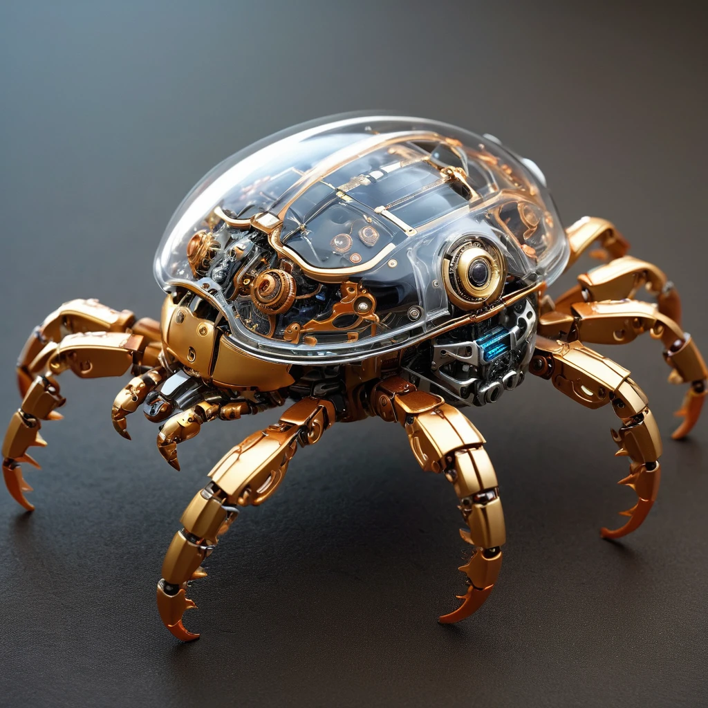 A highly detailed and realistic artwork depicting a cute and exquisite robotic crab with a bio-mechanical style. Every minute detail, from the intricacies of its transparent outer shell to the precision of its inner mechanical parts, is captured with masterful precision. The textures are so realistic that you can almost feel the smooth surface of its carapace and the intricate patterns on its joints. The lighting is meticulously crafted to enhance the th