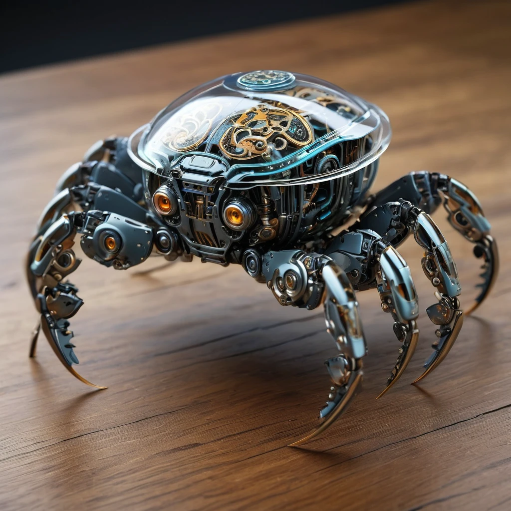 A highly detailed and realistic artwork depicting a cute and exquisite robotic crab with a bio-mechanical style. Every minute detail, from the intricacies of its transparent outer shell to the precision of its inner mechanical parts, is captured with masterful precision. The textures are so realistic that you can almost feel the smooth surface of its carapace and the intricate patterns on its joints. The lighting is meticulously crafted to enhance the th