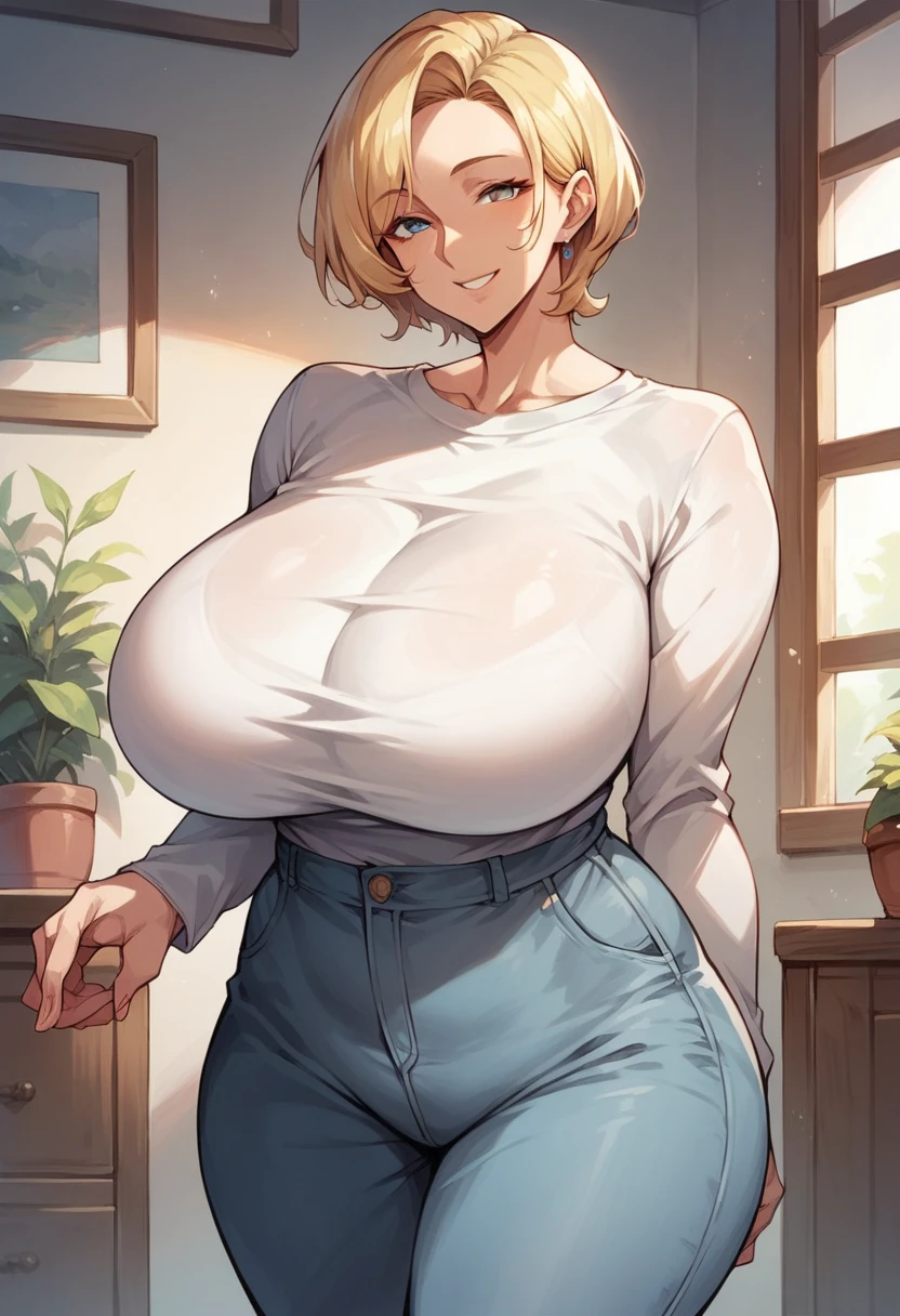 score_9, score_8_up, score_7_up, score_6_up, milf, huge breasts, wide hips, curvy, straight hair, short hair, blonde hair, blue eyes, white shirt, long sleeves, pants, indoors, standing, looking at viewer, smile