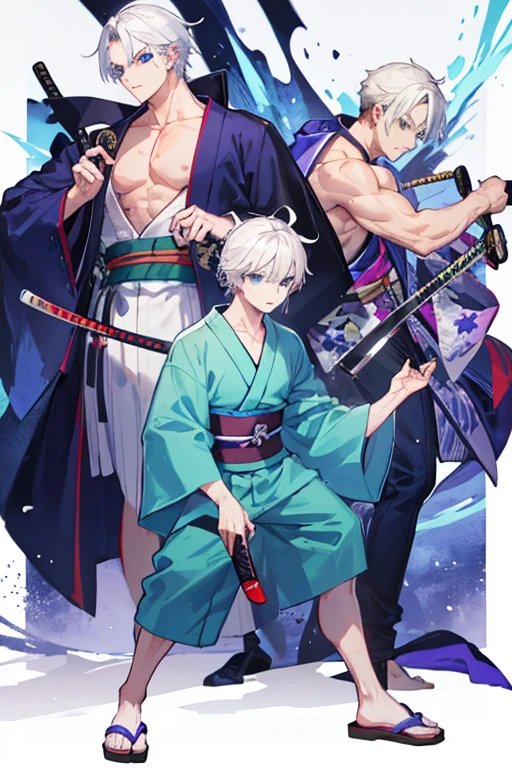 white haired man, blue eyes, muscular men dressed in a dark green male yukata, and brown flip flops, white-skinned man with a purple katana in his right hand