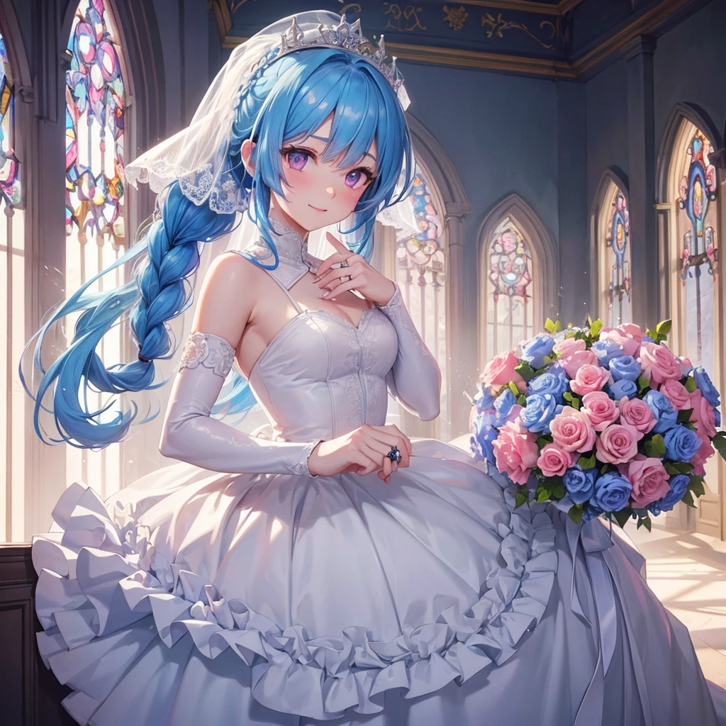 Sky blue hair, (Braided Ponytail),(Pink Eyes),Fair skin ,(whole body),(One girl),bride,A big smile,Straight bangs, 6月のbride,Wedding dress,(masterpiece, Highest quality, Very detailed, Best Shadow), (Detailed Background), (Beautifully detailed face), High Contrast, (Best lighting, Very delicate and beautiful), ((Cinematic Light)), colorful, Hyper Detail, Dramatic Light, Intricate details,Chapel background,A bouquet of roses in the right hand,Ring on left ring finger,