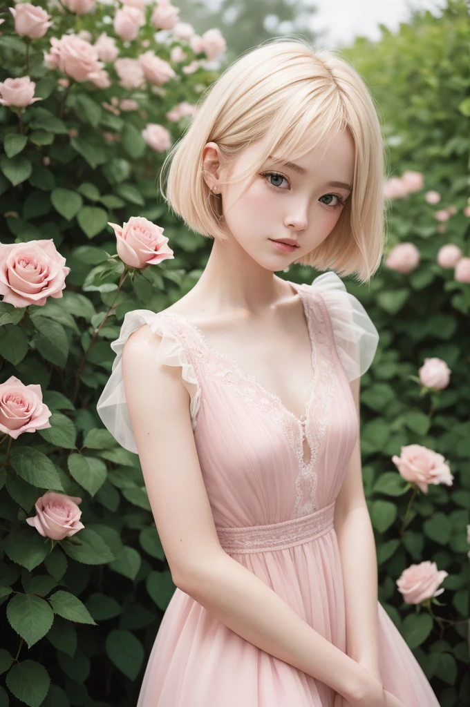 8K, CRU photo, Fujifilm, style photo of a beautiful young woman like Avril in a light pink rose garden (highly detailed skin: 1.2) Style-Petal BREAK short hair, blonde hair with colored highlights, wearing a dress, film grain, 35mm, cute style