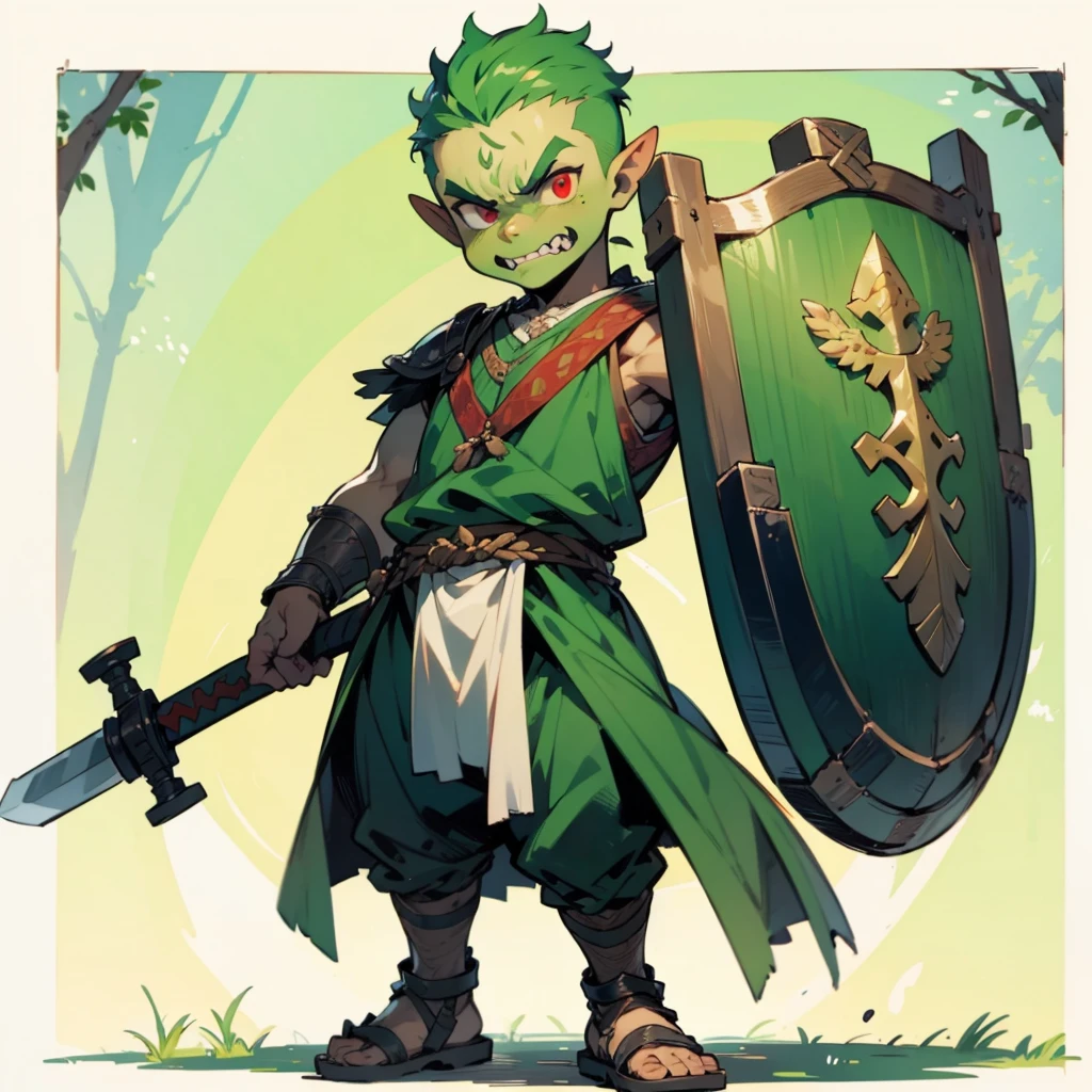 1little boys orc, orc version, Full body version, red eyes, green colour skins, angry eyes, bald hairstyle, angry expression, ancient Greek clothing, ancient Greek sandals, wood sword in hand, small shield wood, wood armor vest, Grassroots background in forest 