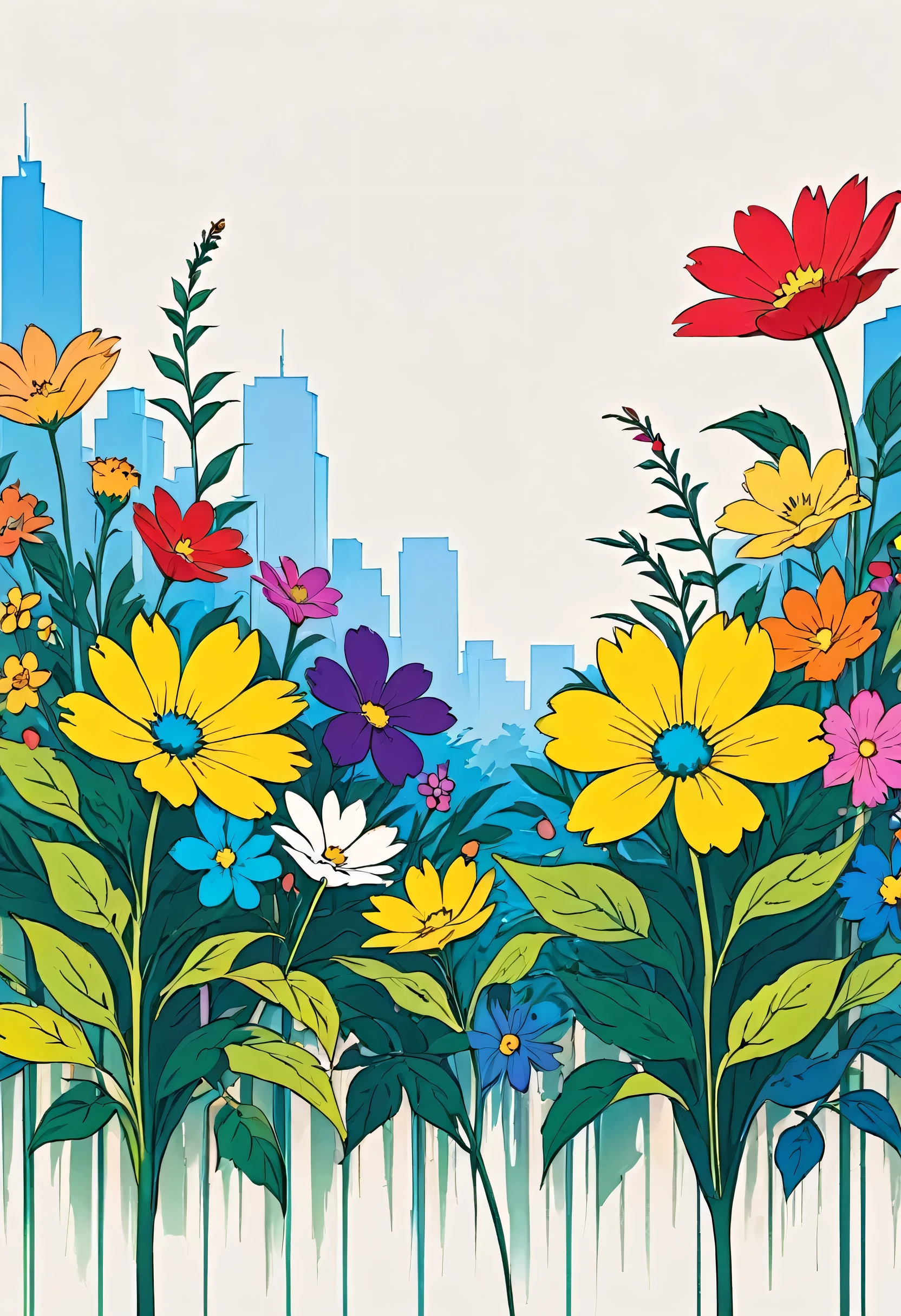 Watase Seizo style, Simple Line Initialism,Abstract art,Urban Background, colorful flowers, no people