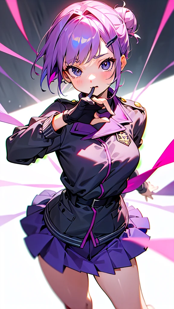Top Quality, 8K, 4K, High Definition, Detail, (better-quality, 8K, 12), top-quality, 1 girl、purple short bob hair clip tied into a bun、black eyes、small breasts、uniform、gray jacket with pink line、blue skirt、 fingerless gloves、thighs、Ilcha fousing on her, surprise face, having her handon her face, making cute expressing face. picture pose, she is standing up, she has a loil pop in her mouth, she up close only showing her wraist and up.
