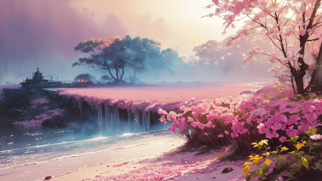 32k, Masterpiece, Highest quality, One girl, Brown Hair, Detailed eyes, flower,sweet pea, Pink and yellow style,A dreamy, romantic piece,Pale pink, Mysterious Leaves,A playful arrangement,Fantasy,High Contrast,Ink strokes,explosion,Exposure, Impression of pink and yellow tones,Abstract,((Watercolours by John Berkey and Jeremy Mann )) Brush strokes,Negative Space, Tyndall effect, White background