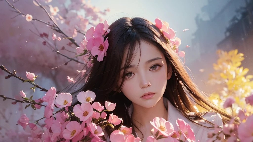 32k, Masterpiece, Highest quality, One girl, Brown Hair, Detailed eyes, flower,sweet pea, Pink and yellow style,A dreamy, romantic piece,Pale pink, Mysterious Leaves,A playful arrangement,Fantasy,High Contrast,Ink strokes,explosion,Exposure, Impression of pink and yellow tones,Abstract,((Watercolours by John Berkey and Jeremy Mann )) Brush strokes,Negative Space, Tyndall effect, White background