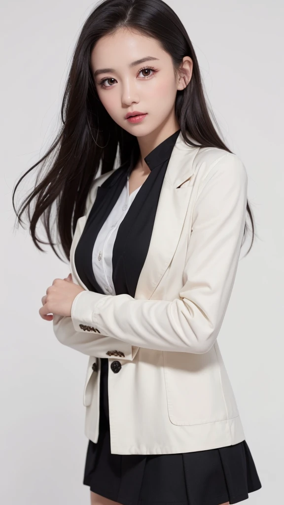 (((forehead、Northern Europe、White people、beautiful girl、Black Hair、White background、high school girl、Dress shirt、mini skirt、Jacket)))、table top, highest quality, figure, super detailed, finely, High resolution, 8k wallpaper, Perfect dynamic composition, detailed and beautiful eyes, Deco out,bionde, big breasts, Natural color lip,white background, random cute poses,