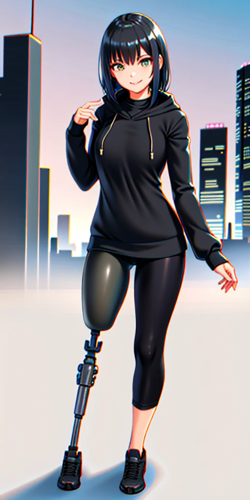 best quality, 1girl, solo, standing, cyberpunk city, night city, medium hair, black hair, straight hair, looking at the viewer, medium breasts,  (prosthetic leg:1.2), full body, smiling, futuristic hoddie, black hoddie, lycra pants, black lycra pants. 