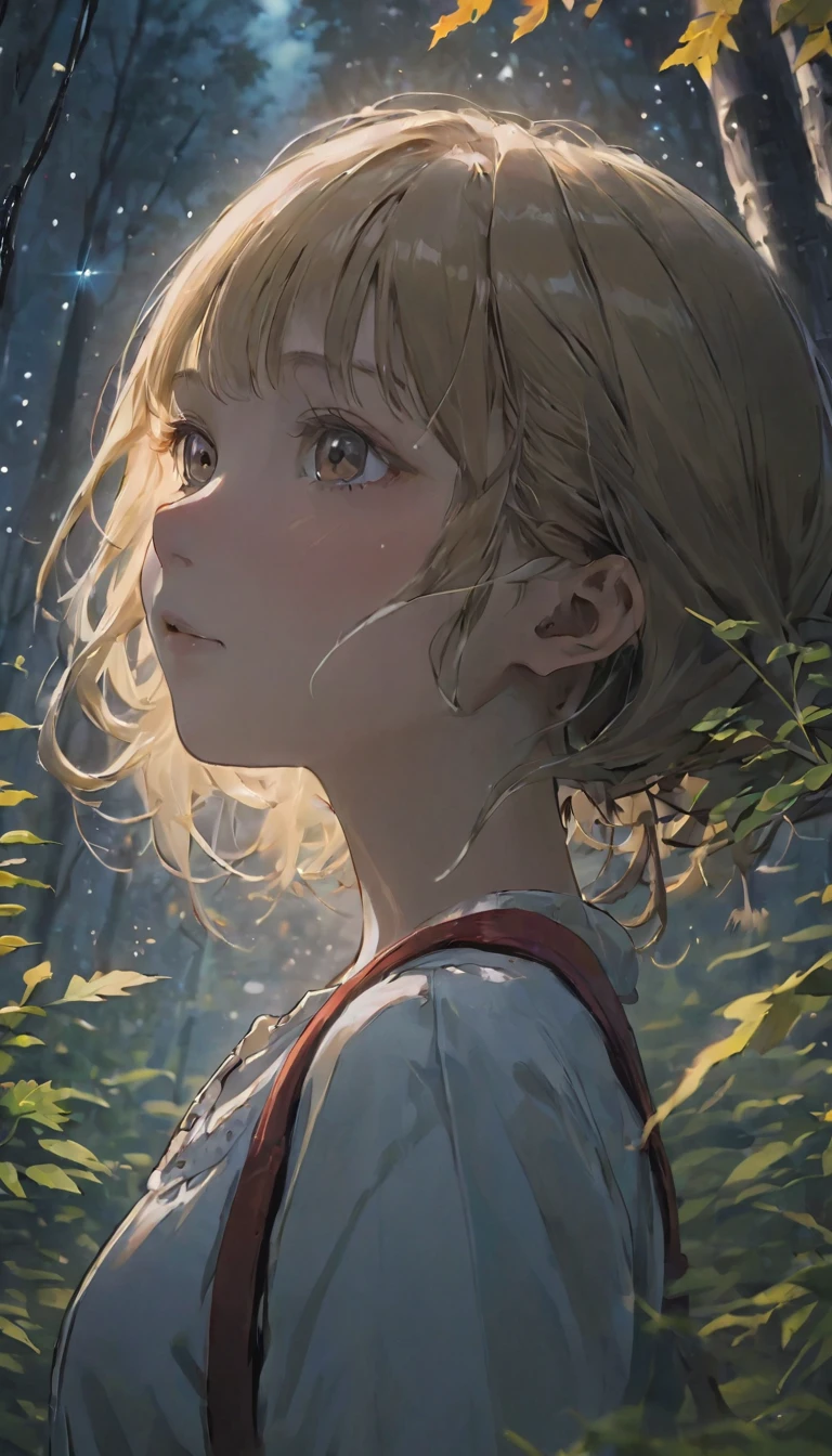 quality\(8K,非常に精細なCGユニットのwallpaper, masterpiece,High resolution,top-quality,top-quality real texture skin,Surreal,Increase the resolution,RAW Photos,最高quality,Very detailed,wallpaper\),break、Circle image、Red Forestを歩く、Maple tree々、Maple leaf、Red Forest、Long Shot、The subject is small、Beautiful dense forest、赤から白にGradation、Gradation、break、One Girl、look up、非常にDetailed face、Detailed face、Side Shot、Beautiful profile、look up、White sky close to black、Stars and clouds、Fresh perspectives、break、Overall dark、Cinema Lighting、Very sophisticated lighting、
