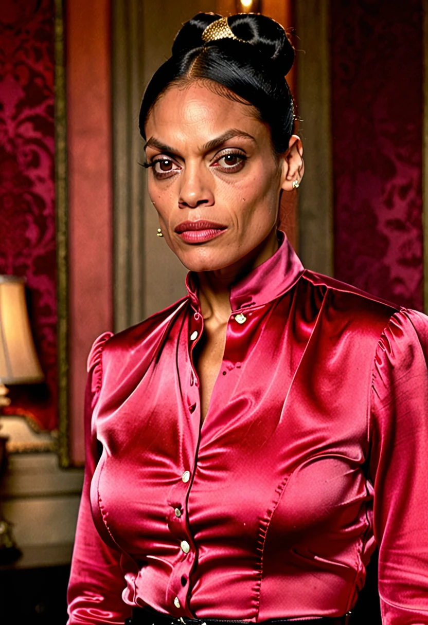 (angry muscular thicc evil rosario dawson sad and angry with flared nostrils and furrowed brows), (wearing a closed satin skintight silk buttoned mandarin collar blouse with large shoulder-pads and extremely tight satin belt), tight hairbun, silk gloves, neck defined, waist defined