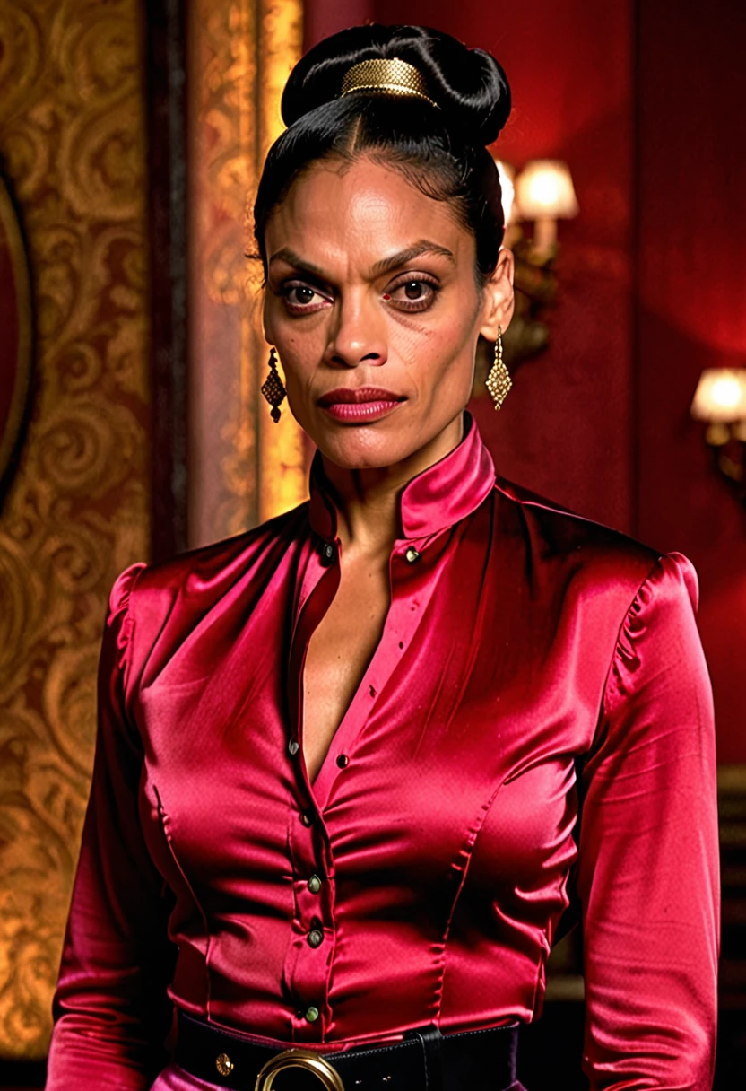 (angry muscular thicc evil rosario dawson sad and angry with flared nostrils and furrowed brows), (wearing a closed satin skintight silk buttoned mandarin collar blouse with large shoulder-pads and extremely tight satin belt), tight hairbun, silk gloves, neck defined, waist defined