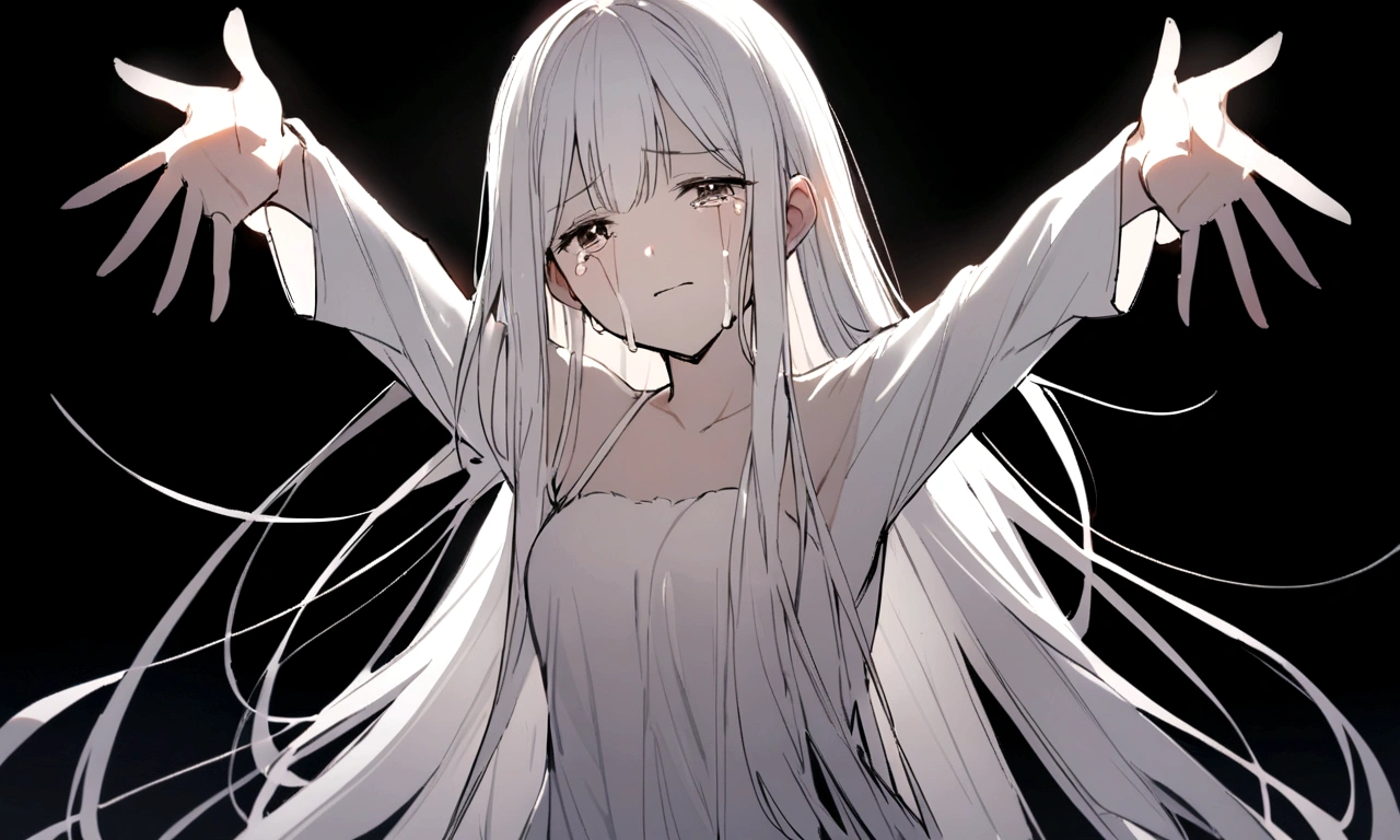 black and white drawing, black background, woman 1, long straight hair, white hair, a crying face, Pose with open arms asking for a hug, wearing a white dress