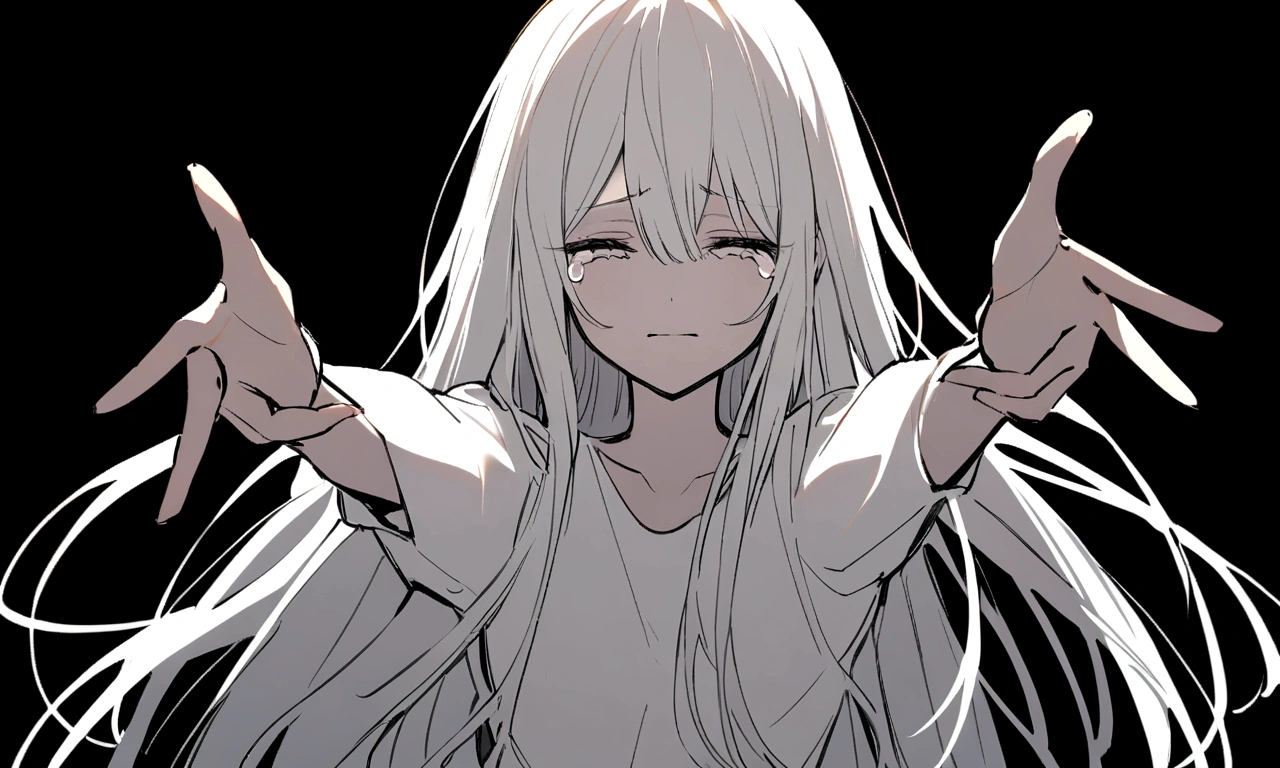 black and white drawing, black background, woman 1, long straight hair, white hair, a crying face, Pose with open arms asking for a hug, wearing a white dress
