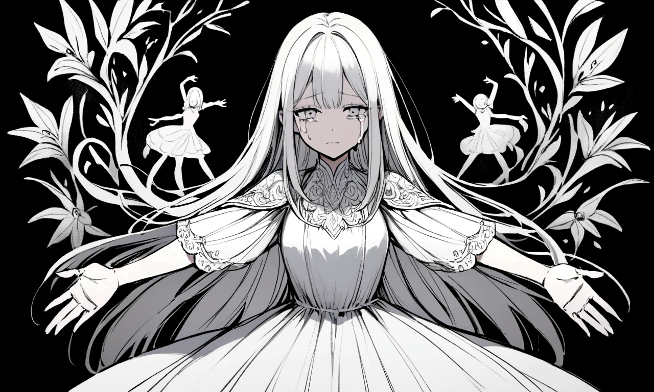 black and white drawing, black background, woman 1, long straight hair, white hair, a crying face, Pose with open arms asking for a hug, wearing a white dress