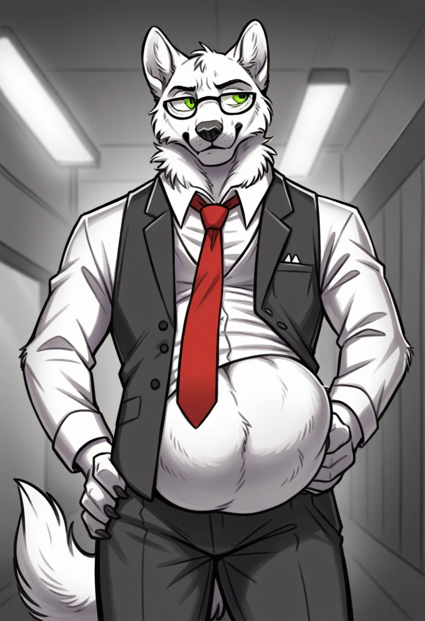 mordecai heller, solo, green sclera, walking in an alleyway, night time, detailed paw hands, ((detailed face, (detailed eyes), by zackarry911, by zaush, (by personalami:0.5), solo, looking away from the viewer, 1boy, male focus, red necktie, glasses, coat, hand on hip, hand holding phone on a call, formal, from below, glasses, suit, grey suit vest, necktie, ((flatcolor)), vore, large vore stomach, person inside of the vore stomach is struggling, black and white fur, white fluffy belly, gurgling belly effect, perfect proportions
