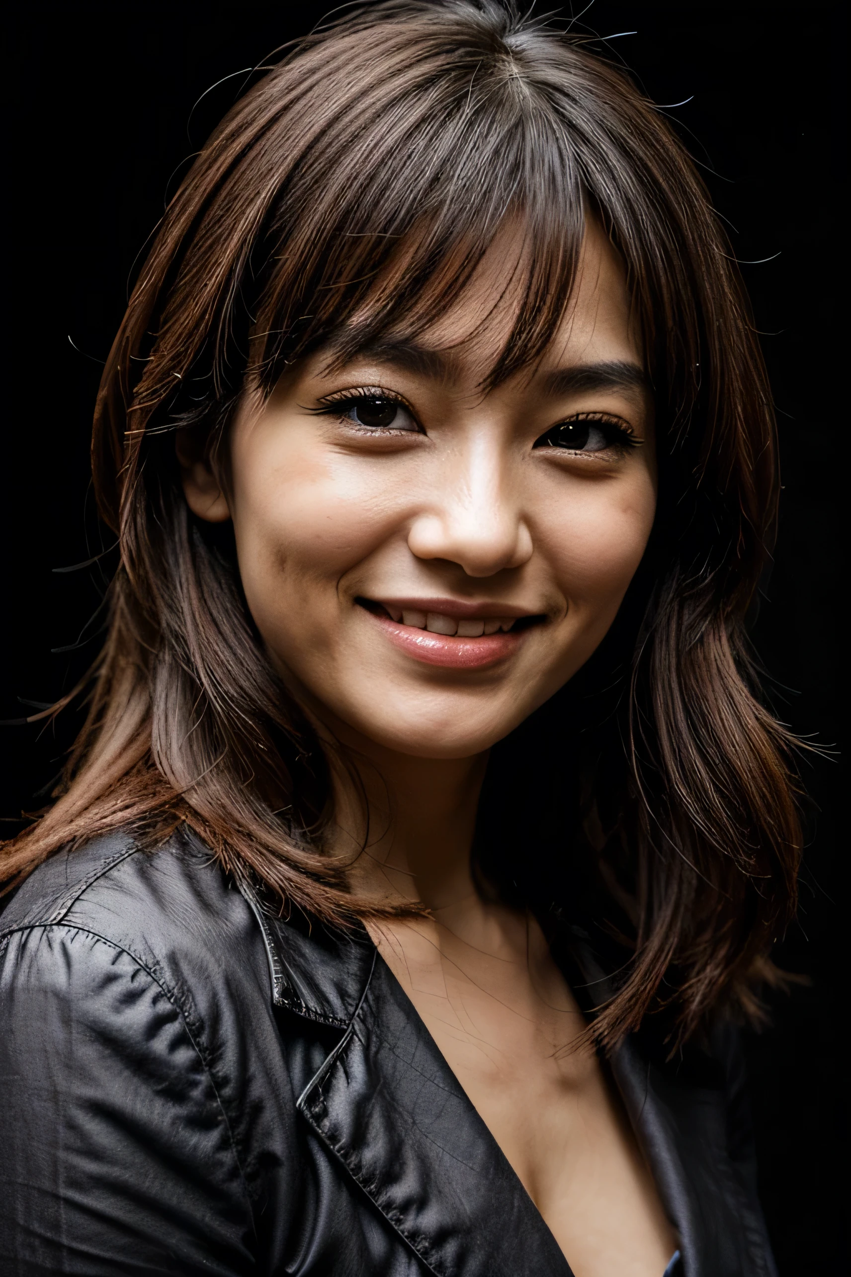 face perfect, beautiful face of a 30 year old Japanese woman, Smiling beautiful, with black background