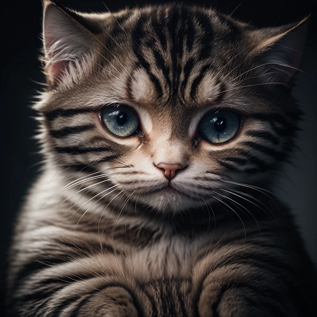 a heartbreakingly sad kitten with big teary eyes,tears streaming down its face,slightly matted fur,sorrowful expression,softly blurred background,evoking strong emotional response,photorealistic,ultra-detailed,4k,masterpiece,dramatic lighting,melancholic mood,moody atmosphere