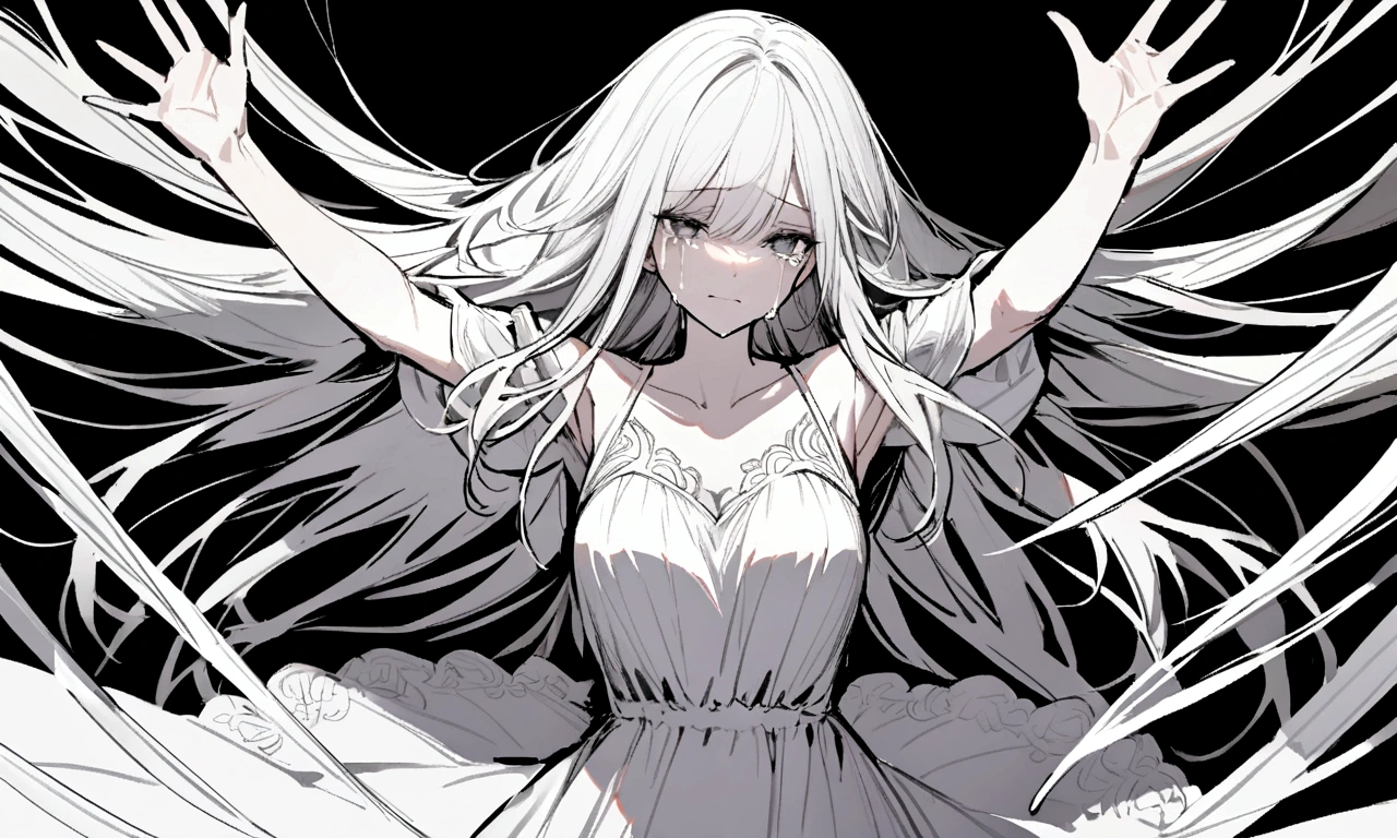 black and white drawing, black background, woman 1, long straight hair, white hair, a crying face, Pose with open arms asking for a hug, wearing a white dress