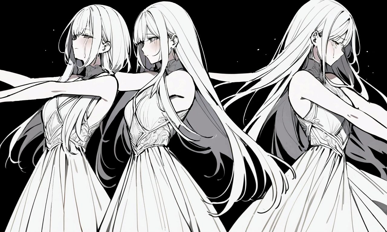 black and white drawing, black background, woman 1, long straight hair, white hair, a crying face, Pose with open arms asking for a hug, wearing a white dress