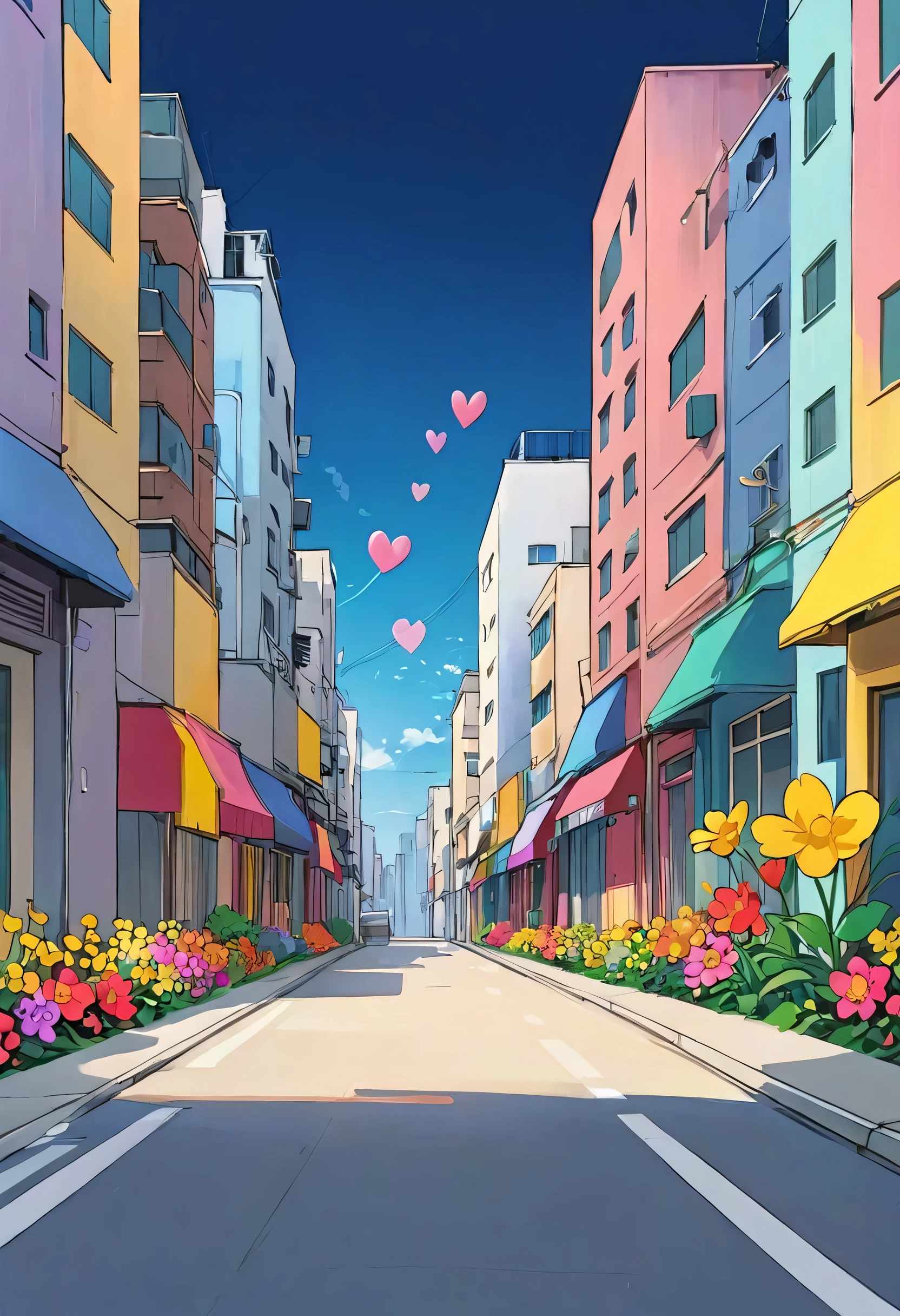Watase Seizo style, Simple Line Initialism，Abstract art，Urban Background, colorful hearts, colorful flowers