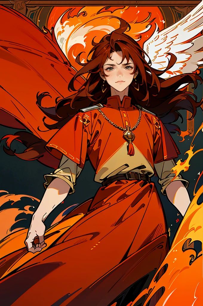 High quality digital painting of a young man with long brown hair and piercing orange eyes, adorned in medieval costume, controlling vibrant flames with a pair of enormous red wings sprouting from his back, intense and powerful, detailed hair and facial features no facial hair and no fire or accessories on the face looking forward, fiery and majestic, fancy, color palette Vibrantes, dramatic lighting