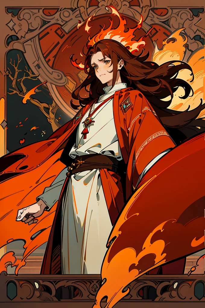 High quality digital painting of a young man with long brown hair and piercing orange eyes, adorned in medieval costume, controlling vibrant flames with a pair of enormous red wings sprouting from his back, intense and powerful, detailed hair and facial features no facial hair and no fire or accessories on the face looking forward, fiery and majestic, fancy, color palette Vibrantes, dramatic lighting