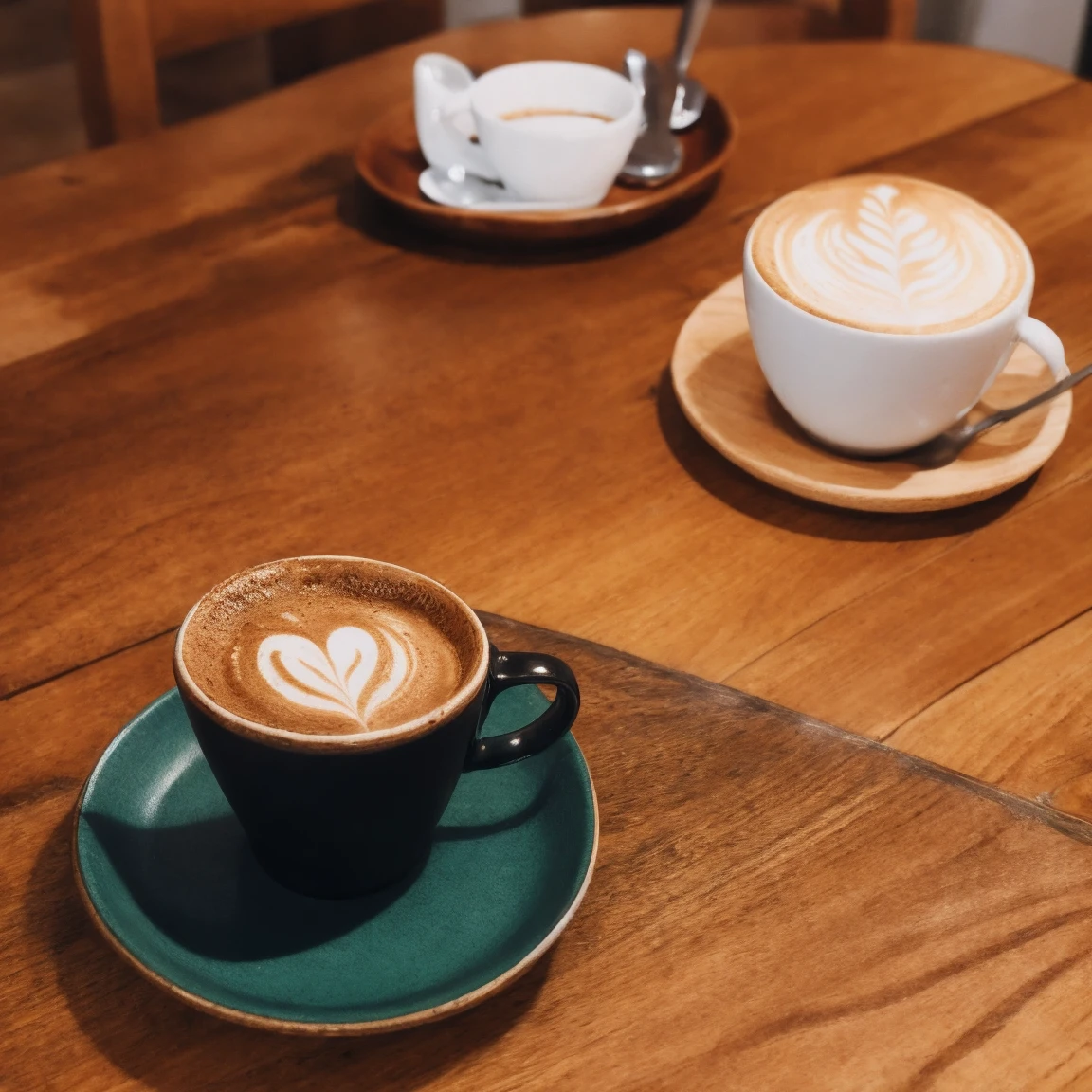 A coffee cup is placed on a wooden plate on a table