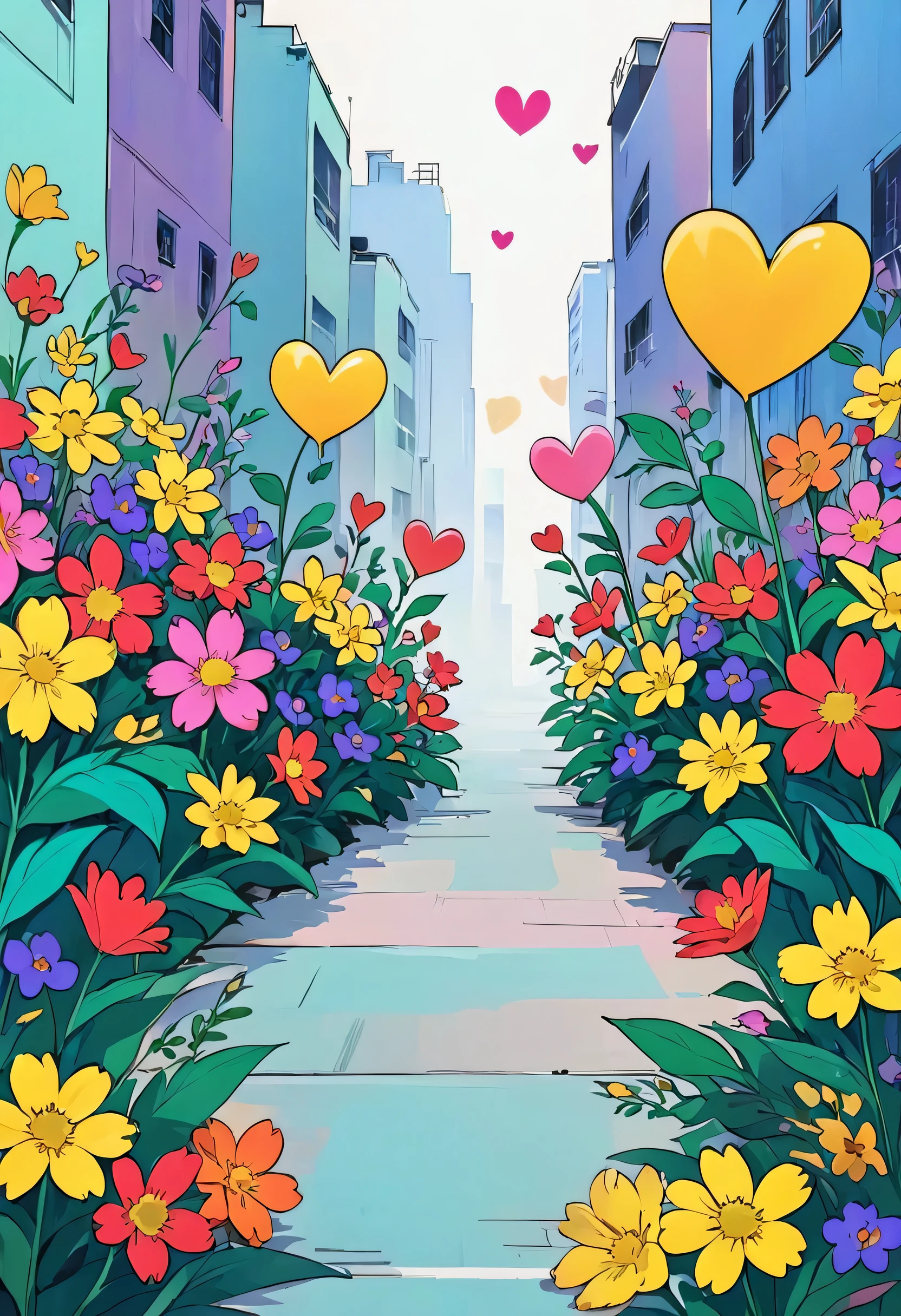 Watase Seizo style, Simple Line Initialism，Abstract art，Urban Background, colorful hearts, colorful flowers