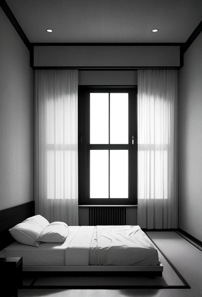 There is a room with a window and a bed., Ambient occlusion rendering inspired by Ryoji Ikeda, Unsplash, creation, Ryoji, Gloomy Room, Hase Ryoji, Japan. Volumetric lighting, Hiroshi Sugimoto, style of Hiroshi Sugimoto, yuji himukai