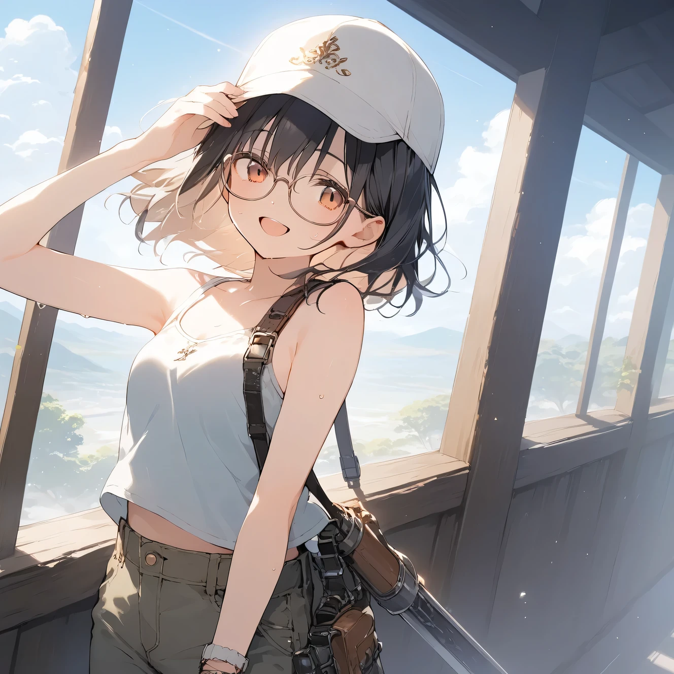 score_9, score_8_up, score_7_up, source_anime, best quality, masterpiece, official art, absurdres, highres, ultra-detailed,waifu2x,Collection: Slice of Life,break,1girl, fantasy world, short hair, glasses, small breasts, cap, tank top, cargo pants, sweat, open mouth,smile, weapon, outdoors, wind, break,(clear line illustration:1.2),very high resolution, very aesthetic, super detailed skin, Best sexual lighting powered by famous artist, 8k,cute picture,beauty illustration,photoshop_(medium),,(Detailed Lighting),best anime 8k konachan wallpaper, pixiv contest winner, 