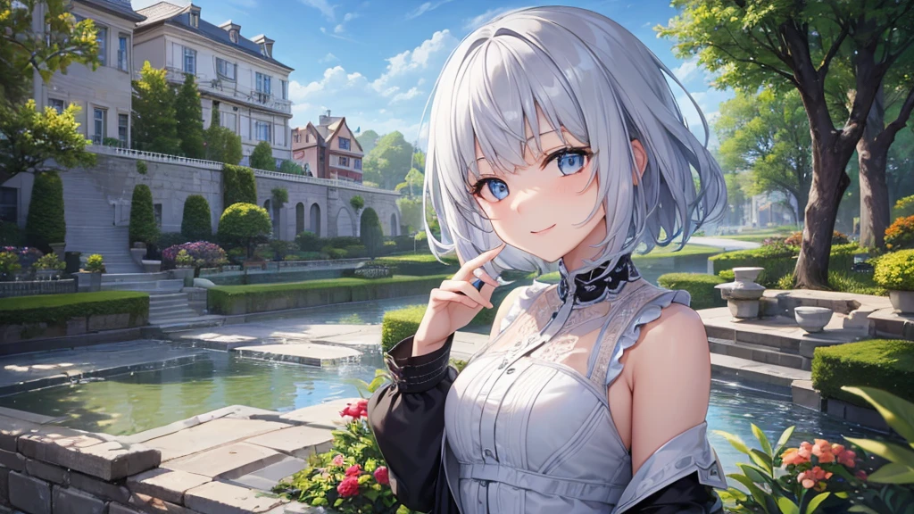 Ultra HD,Look at the viewers, Put your hands behind your back, With a girl, 20-year-old, 非常にShort Hair, Long bangs between the eyes, Pale blue eyes, hoodie, skirt , Very detailed,(masterpiece、Highest quality),Gray Hair、Laughter、Fantastic, Silver Hair, Iris, Short hair、 Fluttering Hair、Small Face、明るいsmile、(Detailed face) ,Professional Lighting,Wonderful landscape,blue sky, sunlight,Looking down from above,Portraiture、Open your mouth、Flower Field、Her eyes were shining、Mysterious and enchanting atmosphere。With AI Painting、とてもShort Hair, Long bangs between the eyes, Very detailed,(masterpiece、Highest quality)、alone、Gray Hair、Fantasy, Silver Hair, Fantasyな風景、White shirt、smile、Open your mouth、short hair、Short Hair、hairpin、black eye、Grey Eyes、Beautiful Eyes、