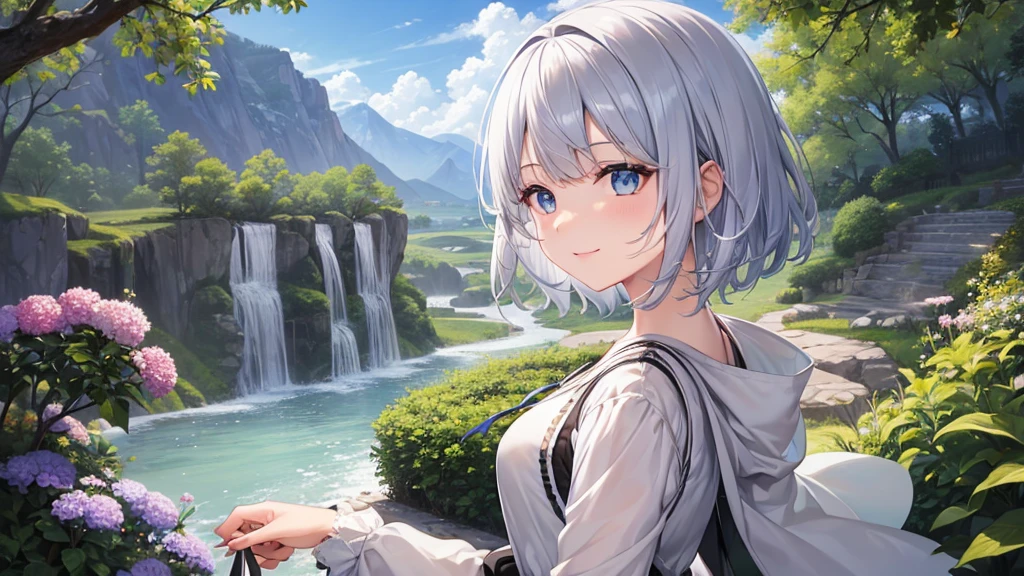 Ultra HD,Look at the viewers, Put your hands behind your back, With a girl, 20-year-old, 非常にShort Hair, Long bangs between the eyes, Pale blue eyes, hoodie, skirt , Very detailed,(masterpiece、Highest quality),Gray Hair、Laughter、Fantastic, Silver Hair, Iris, Short hair、 Fluttering Hair、Small Face、明るいsmile、(Detailed face) ,Professional Lighting,Wonderful landscape,blue sky, sunlight,Looking down from above,Portraiture、Open your mouth、Flower Field、Her eyes were shining、Mysterious and enchanting atmosphere。With AI Painting、とてもShort Hair, Long bangs between the eyes, Very detailed,(masterpiece、Highest quality)、alone、Gray Hair、Fantasy, Silver Hair, Fantasyな風景、White shirt、smile、Open your mouth、short hair、Short Hair、hairpin、black eye、Grey Eyes、Beautiful Eyes、