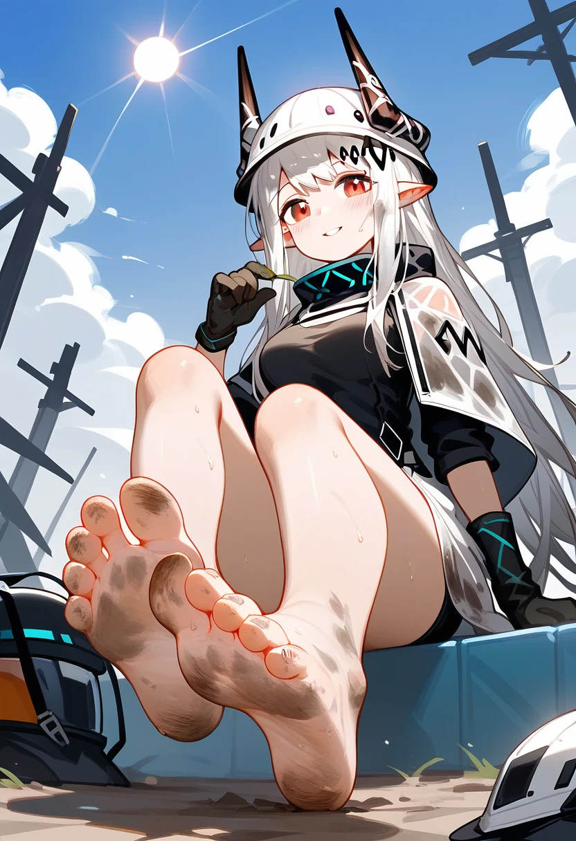 score_9,score_8_up,score_7_up,1girl,mudrock (arknights),dirty,feet,gloves,helmet,horns,soles,red eyes,barefoot,pointy ears,breasts,solo,long hair,white hair,black gloves,toes,hardhat,foot focus,looking at viewer,sitting,sweat,parted lips,dirty feet,holding,outdoors,sky,bangs,oripathy lesion (arknights),day,smile,blush,demon horns,infection monitor (arknights),foreshortening,sun, ake him in porn clothes