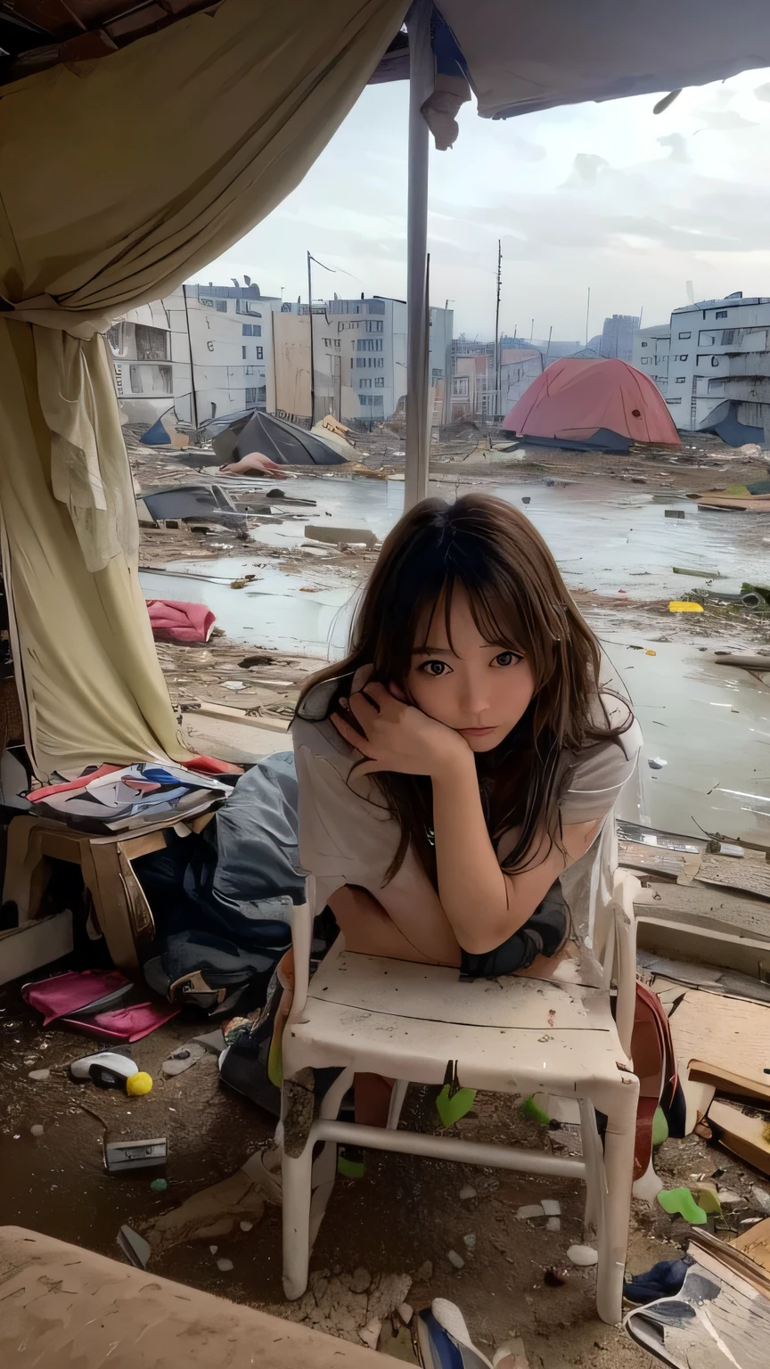 18-year-old,Homeless,Korean women,Pitch blachair,Tattered clothes,(((Folded Room))),(((Slums))),Squat,((( In a destroyed city,Oil,Mud stains))),(((Frowning,カメラを睨みつhairる))),((((Rubble pile))),after disaster,Very beautiful eyes, junhair,((Inside the barrachair tent)),((Evacuation)),(((he's wearing a tattered and dirty blachair hoodie.,Wear baggy pants))),(((collapsing buildings))),(((Tragic))),((photograph)),(((Fabric Shading))), (((Highest quality))), (((masterpiece))) strong girl, ((((Realistic)))),,Blachair Hair, chic hairstyle, ((前hairあり,Straight medium bob cut, Nice hair)), Light mahaireup,Red eyes, (((I'm not wearing lipstichair))), (Nice, strong), (((strong夜の雰囲気))), Centered Images, Loohairing at the camera, Elegant colors,Realistic Shairin,Realistic texture,8hair,whole body,Pale shairin,Red Iris,Expressionless,睨みつhairる,Perfect Face,(((Big eyes)))